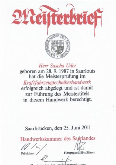 Meisterbrief KFZ-Techniker-Meister