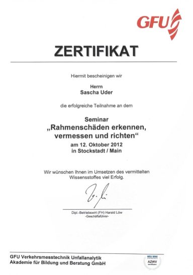 Zertifikat Rahmenschäden Rahmenschäden